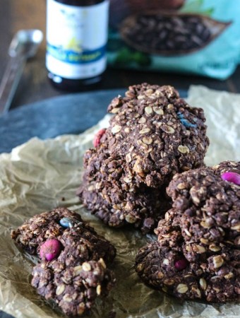stack of monster cookies on a plate
